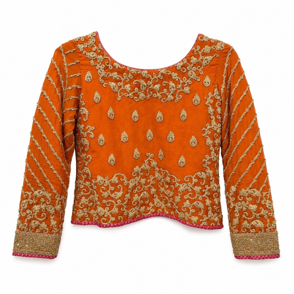 Indian Style Blouse Orange Gold Zardosi Embroidered Saree Choli Long Sleeve